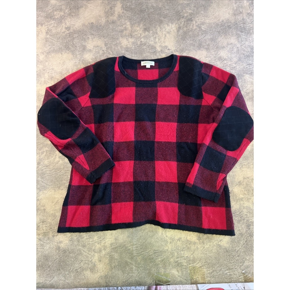 Orvis Sweater Women's Size L Wool Cashmere Leather Patch Padded Buffalo‎ Plaid